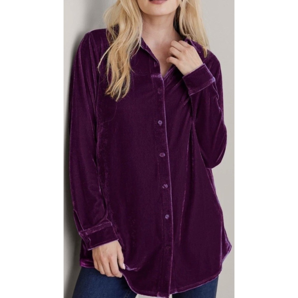 Soft Surroundings Womens Top Sz M Purple Velvet Boyfriend Tunic Shirt Button Up